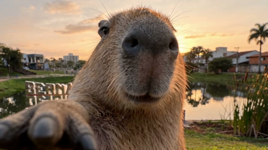 Una capibara frente al monumento de Bernardo de Irigoyen, junto al lago al atardecer.